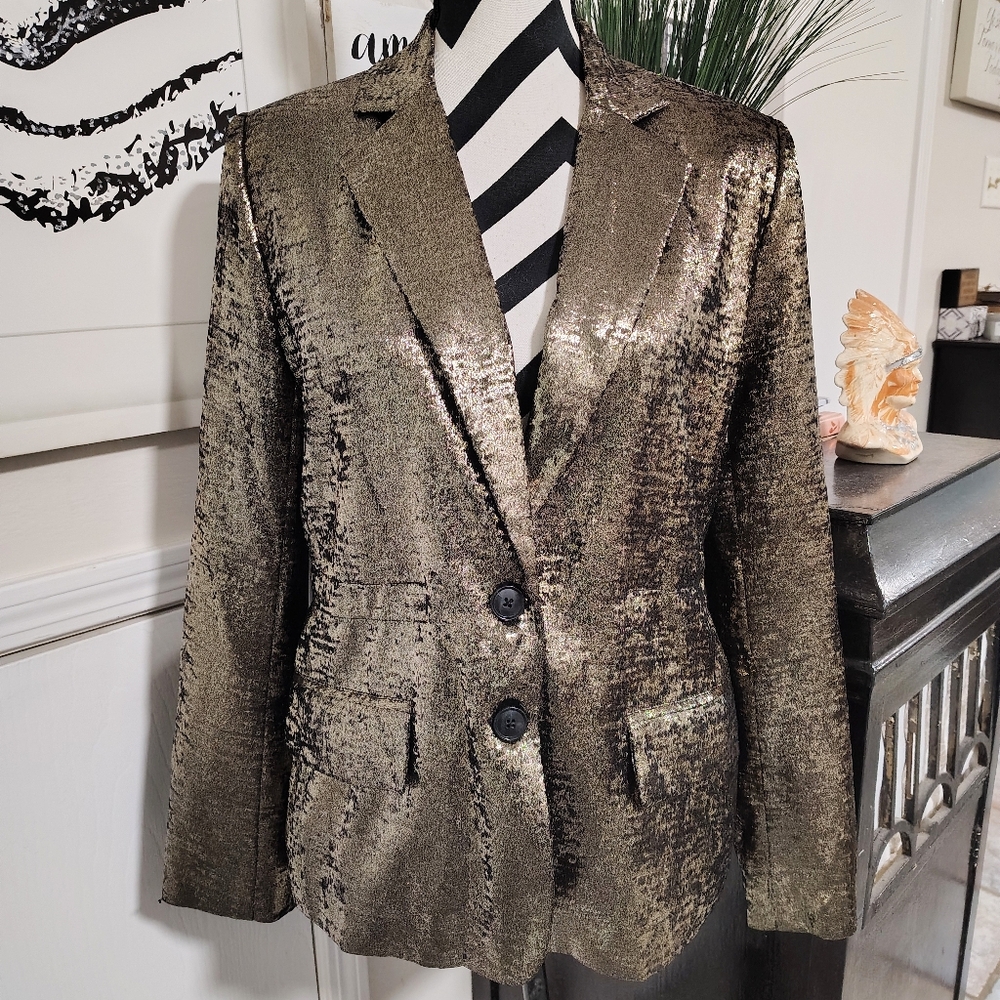 French Connection $179 Alara Metallic Notch Collar Blazer Gold Women's 4 Glam - Picture 5 of 13